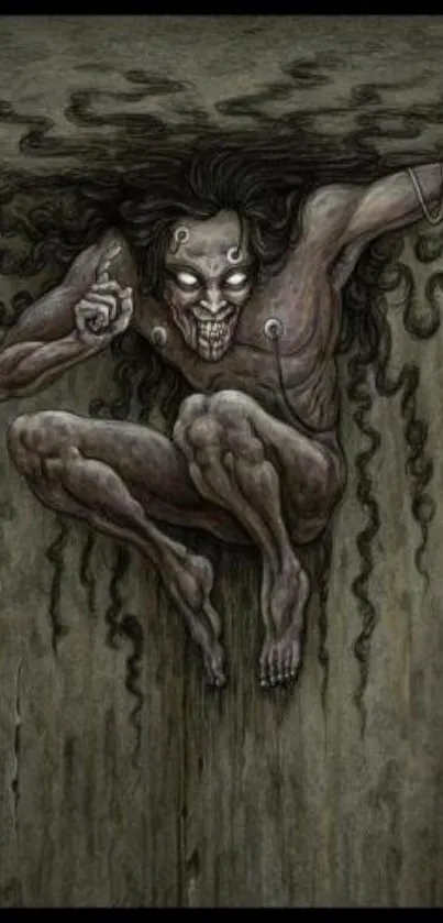 Dark fantasy creature artwork on a mobile phone wallpaper.