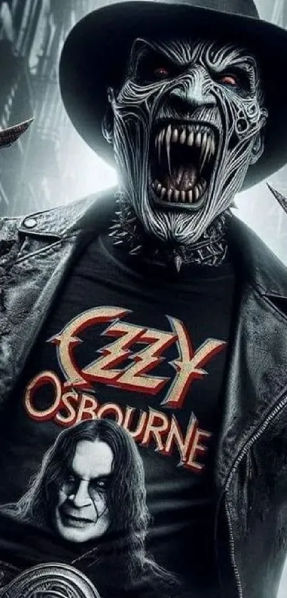 Masked creature in a leather jacket with Ozzy Osbourne t-shirt.