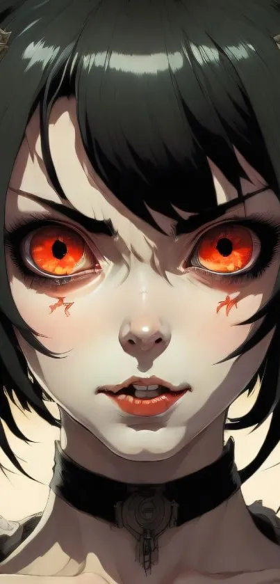 Dark fantasy demon character with black hair and red eyes, mystical art wallpaper.