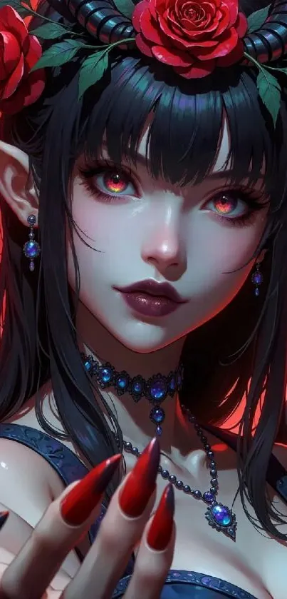 Dark fantasy demon character with red roses and horns.