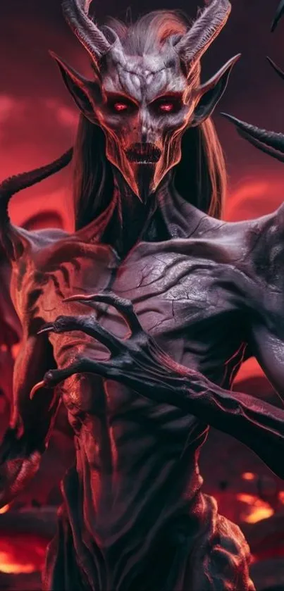 Dark fantasy demon with fiery red eyes.