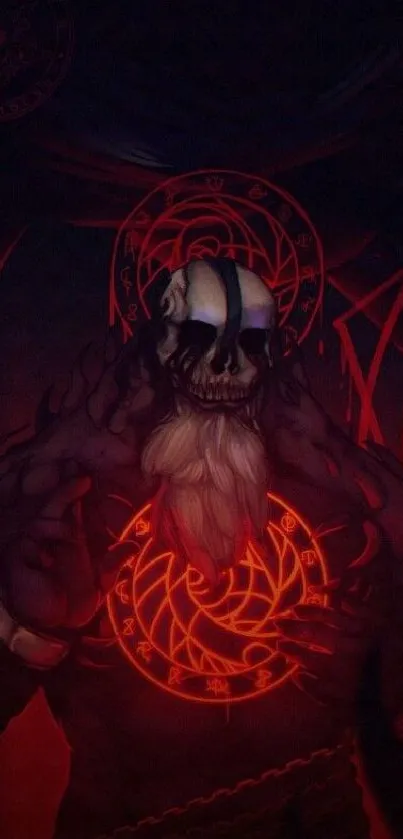 Dark fantasy demon with glowing red symbols.