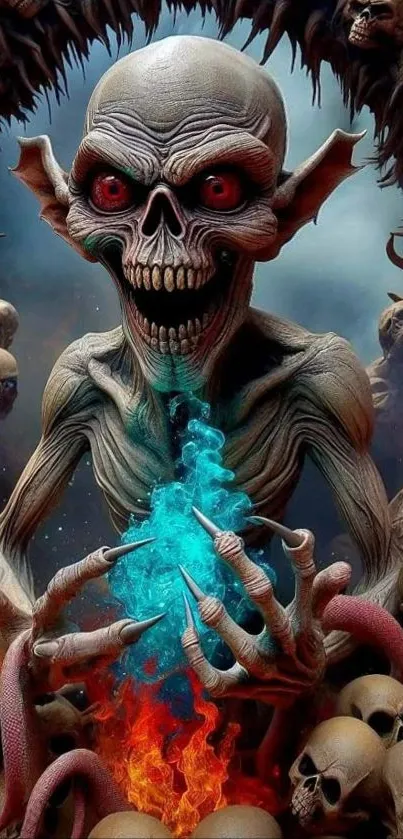 Fiery demon with skulls in dark fantasy art.