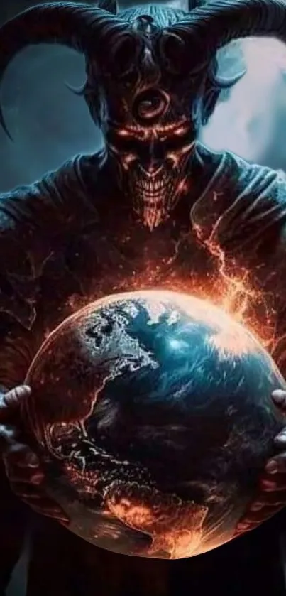 Dark fantasy scene of a demon holding a glowing globe with vivid details.