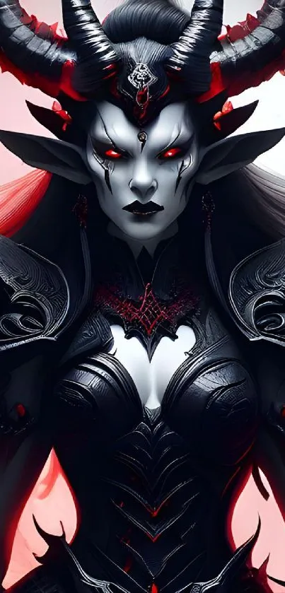 Dark fantasy demon with black armor and red eyes, exuding a chilling aura.