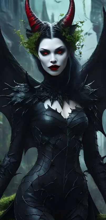 Dark fantasy demon queen with wings and horns in a mystical forest.