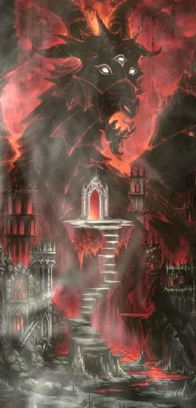 Dark fantasy wallpaper with fiery demon and gothic landscape.