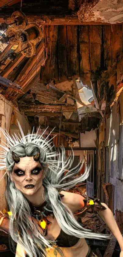 Dark fantasy wallpaper featuring a demon woman in a dilapidated house.