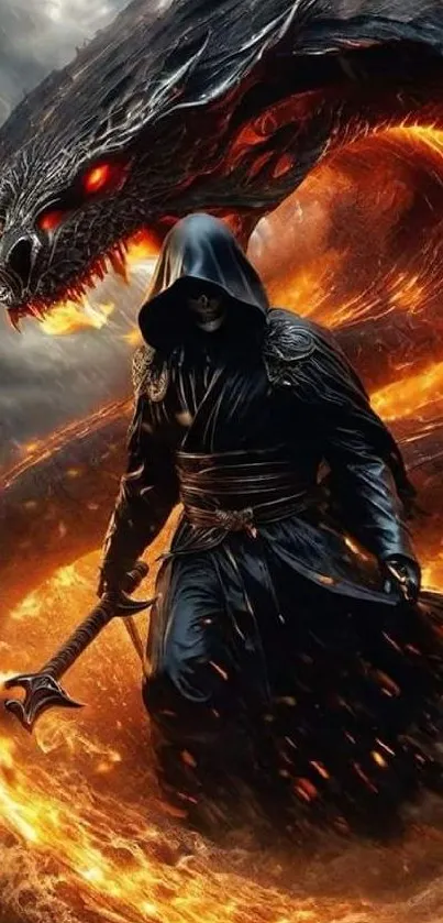 Hooded figure with fiery dragon in dark fantasy scene.