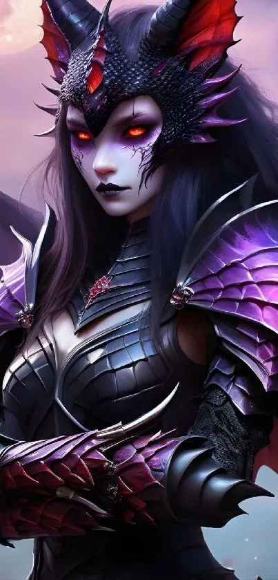 Fantasy dragon warrior in purple armor with mystical vibes.