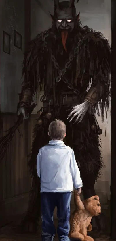 Fantasy art with child and dark creature in hallway.