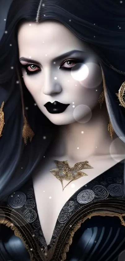 Dark fantasy woman with silver-blue hair and gold jewelry on gothic wallpaper.