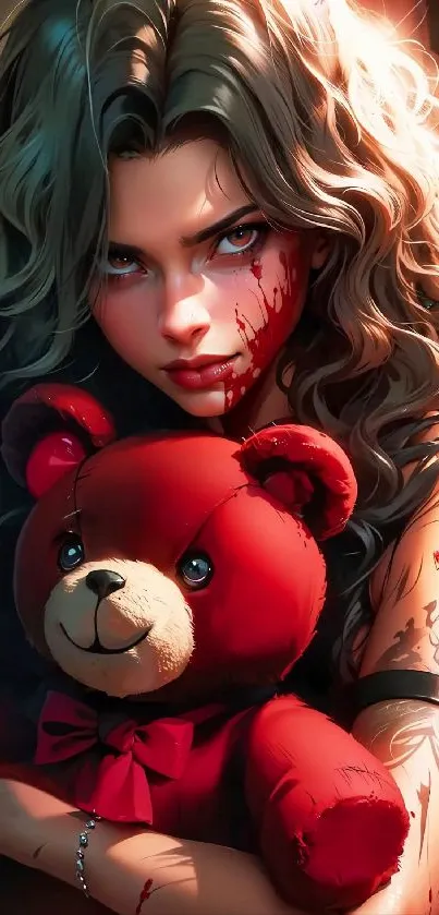 Dark fantasy girl holding a teddy bear in a mobile wallpaper.