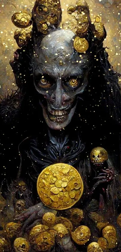 Dark fantasy skull with golden coins mobile wallpaper.