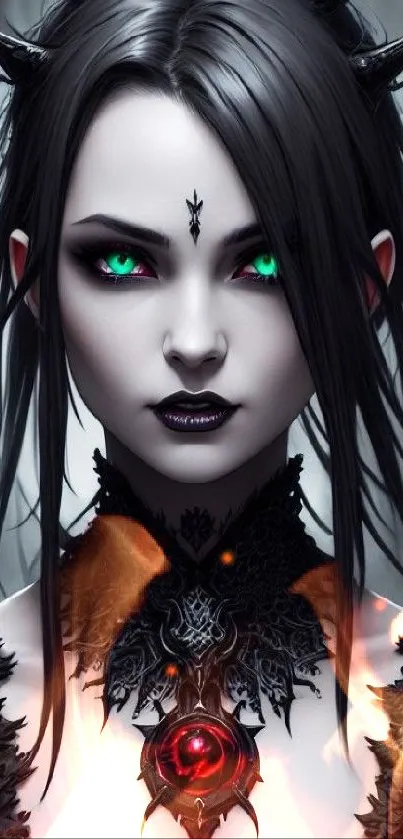 Enchanting gothic character with emerald green eyes in dark fantasy art.