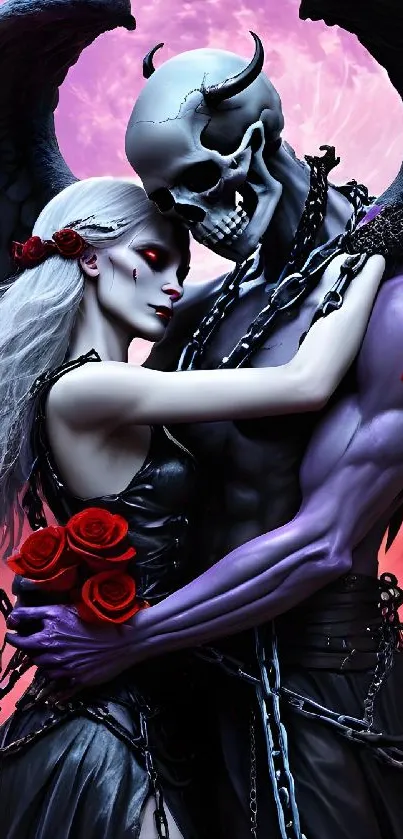 Dark gothic characters embrace under a pink moon.