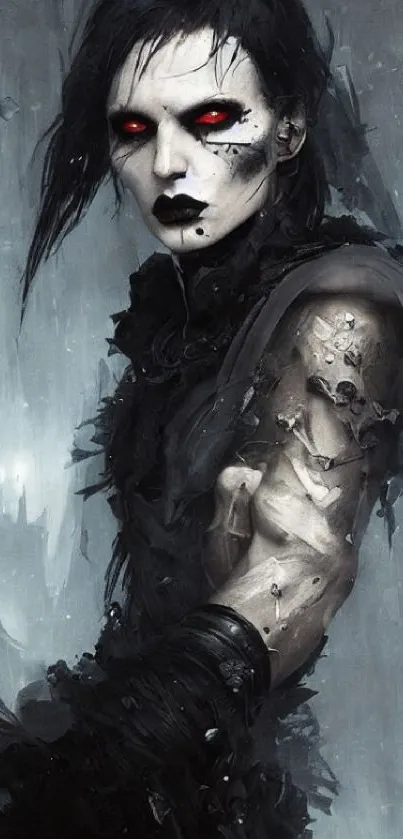 Gothic figure with red eyes in dark fantasy setting.