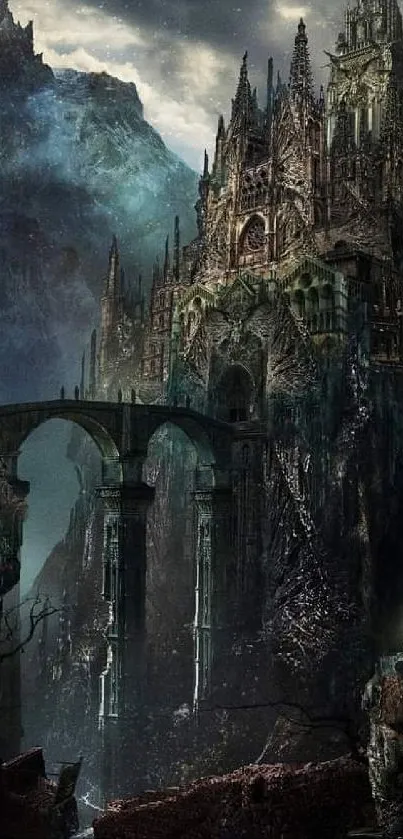 Dark fantasy Gothic castle at night, surrounded by mountains.