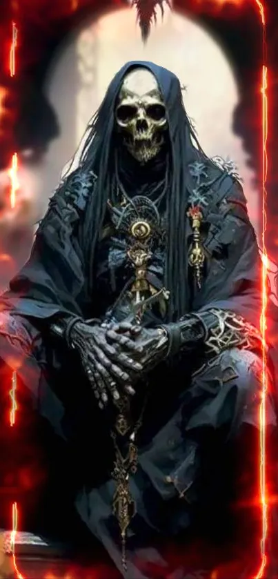 Skull-hooded figure in dark robe with fiery background.