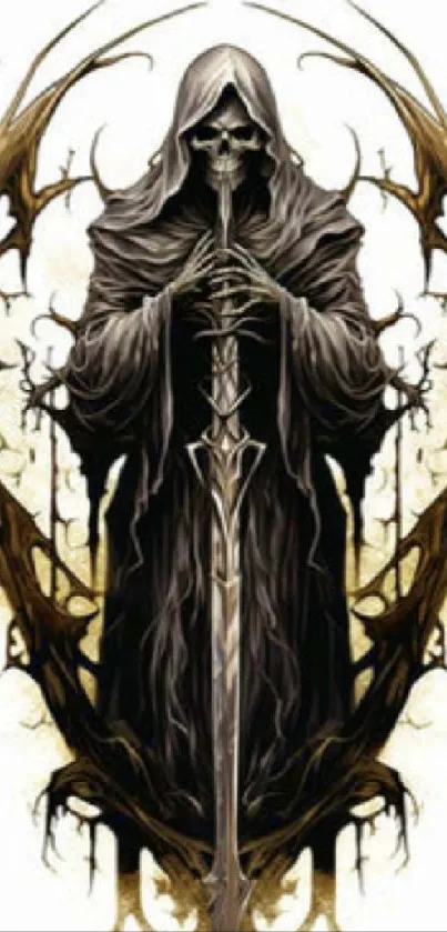 Dark fantasy Grim Reaper with sword and brown hues.