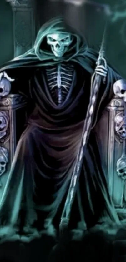 Grim Reaper on a throne, surrounded by skulls.