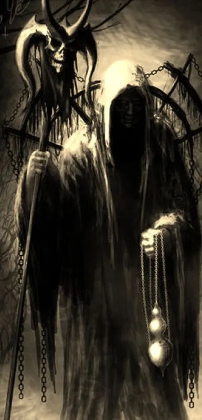 Mysterious cloaked figure in sepia tones artwork.