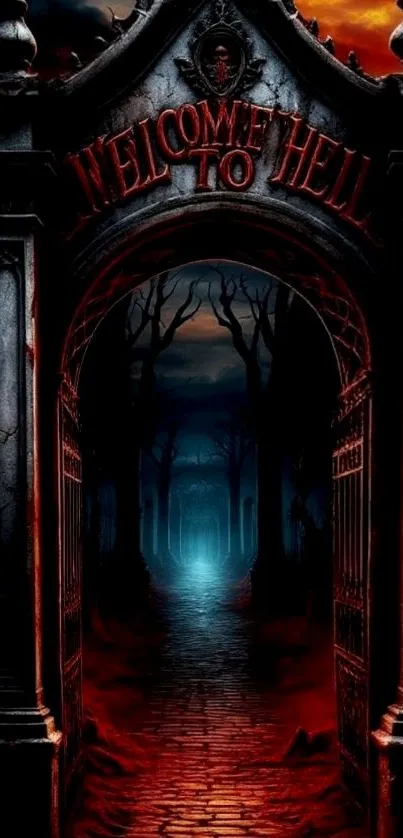 Dark fantasy portal with 'Welcome to Hell' sign.