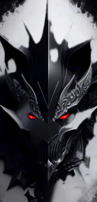 Dark fantasy helmet with glowing red eyes on a black background.