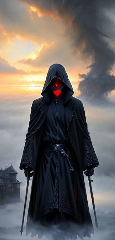 Dark hooded figure with swords against a misty, dramatic landscape.