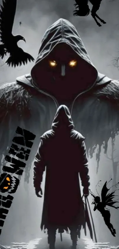 Hooded figure with mystical creatures in dark fantasy setting.