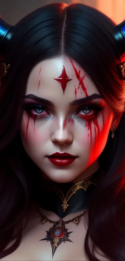 Dark fantasy art of a horned woman with red accents and intricate details.