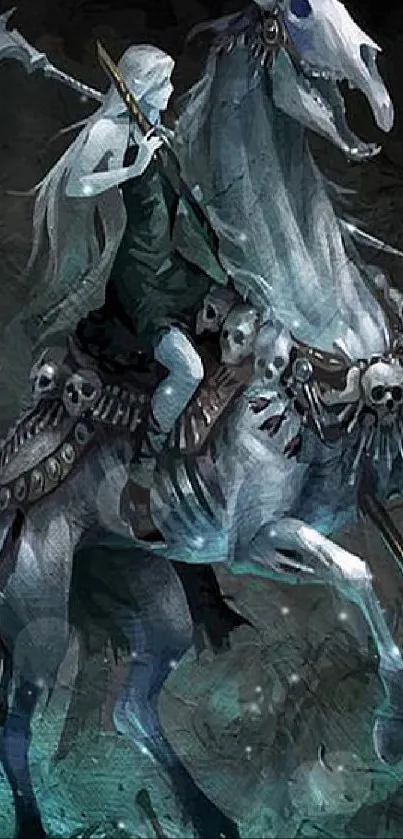 Fantasy horse rider with ghostly figures in dark cyan tones.