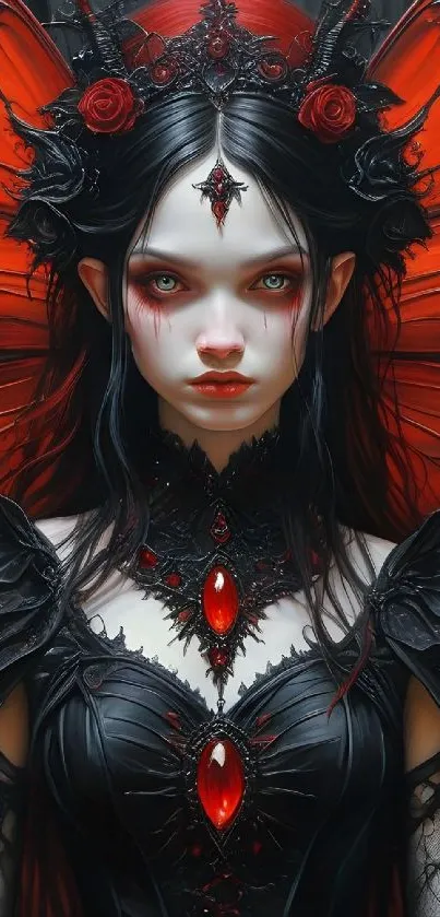 Gothic fantasy lady with red wings and intricate black details.