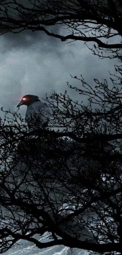 Dark wallpaper with a giant and branches in silhouette.