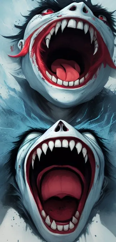 Dark fantasy monster wallpaper with open mouths and sharp teeth.