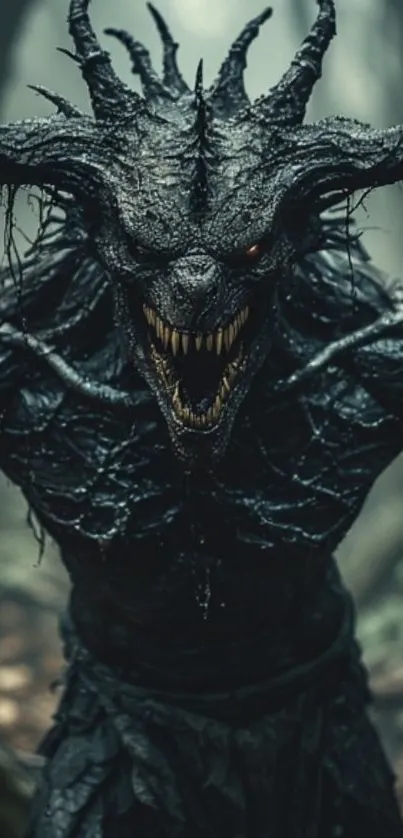Sinister demon creature in dark forest setting.