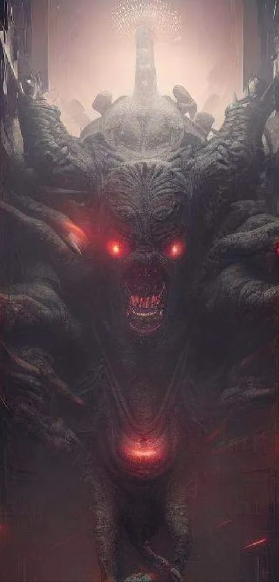 Dark monstrous creature with glowing red eyes in a fantasy setting.