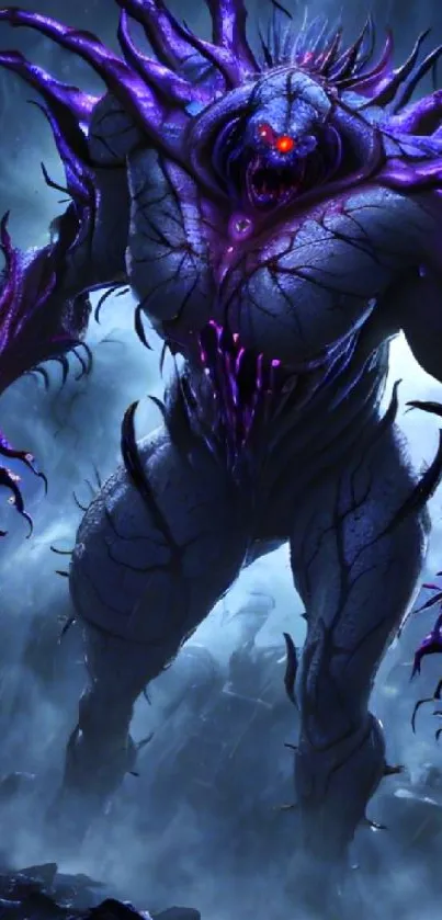Dark fantasy monster with glowing eyes and purple tentacles.
