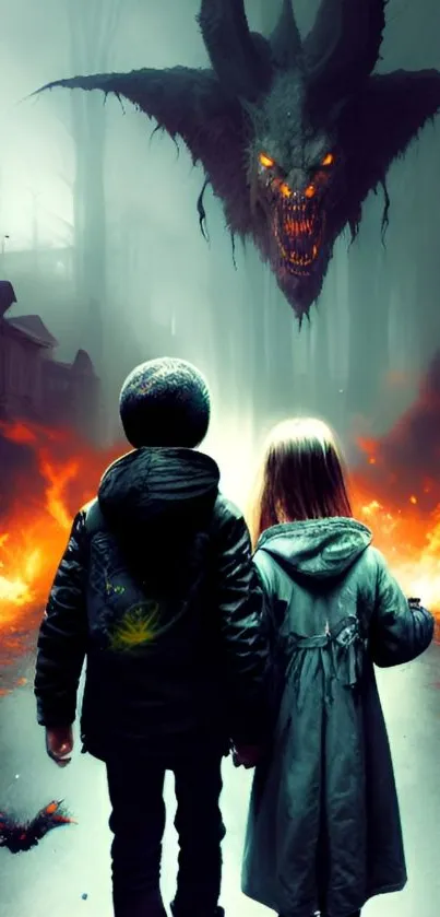 Dark fantasy scene with figures facing a fiery monster.