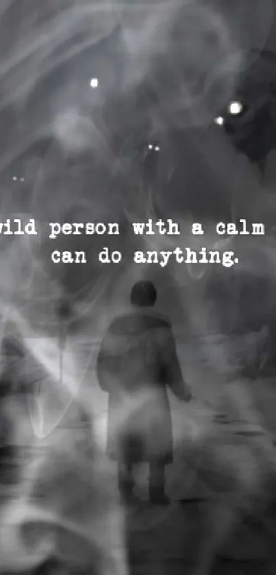 A person faces creatures with a motivational quote in a dark, eerie landscape.