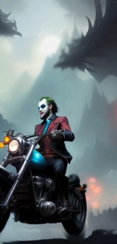 Masked motorcyclist in a dark, mystical fantasy landscape.