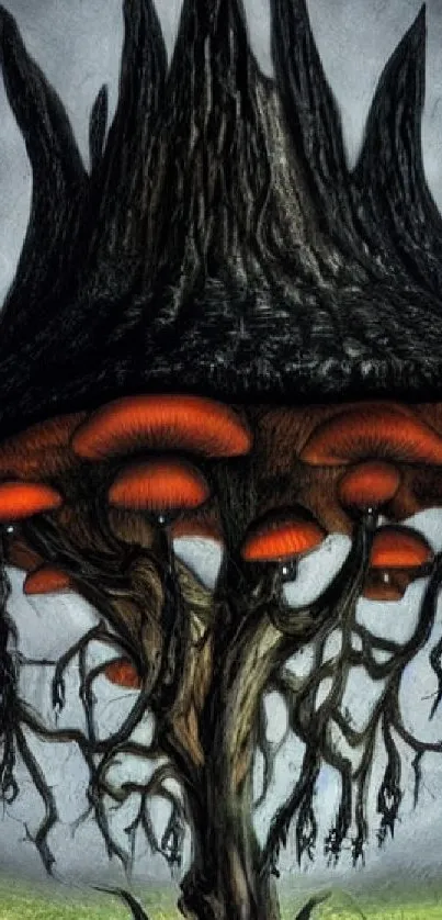 Dark fantasy mushroom tree under stormy skies.