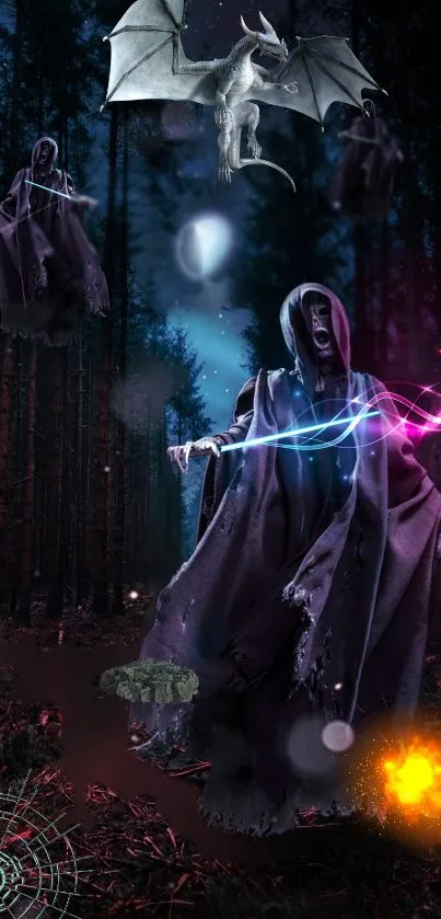 Dark fantasy wallpaper with a cloaked figure and magical elements in a forest.