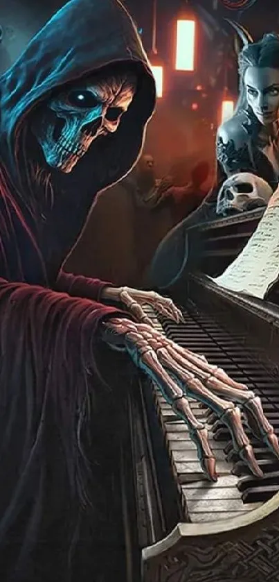 Dark fantasy wallpaper with a skeleton at the piano.