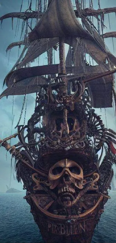 Dark fantasy pirate ship on a moonlit ocean.