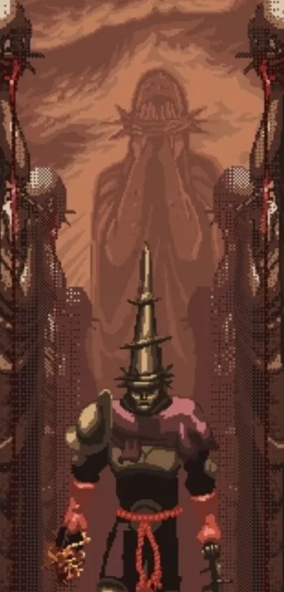 Dark pixel art featuring a knight in a gothic corridor.