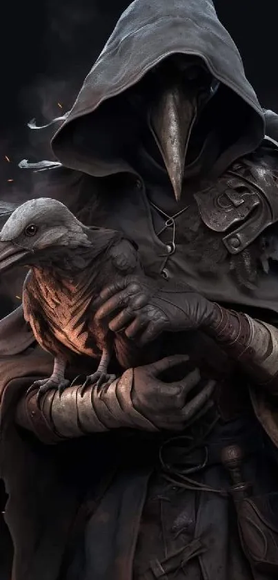 Dark fantasy wallpaper featuring a plague doctor with a raven.