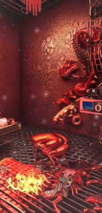 Dark fantasy red room with intricate patterns and surreal decor.