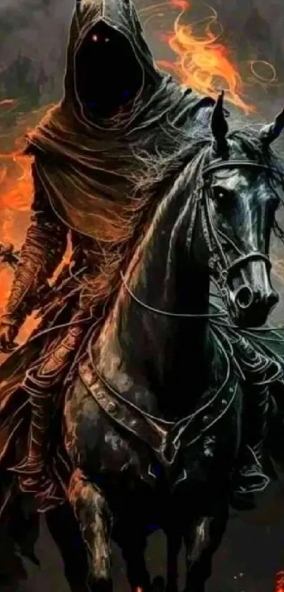 Dark hooded rider with flames on a black horse wallpaper.