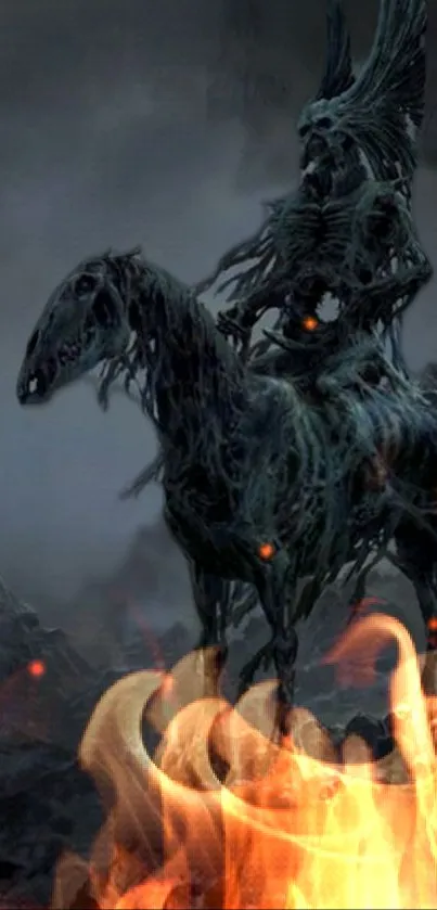 Dark fantasy wallpaper featuring a ghostly rider with flames.